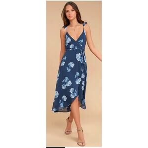 Lulus Women's Blue Floral Print Faux-Wrap Dress Size Small